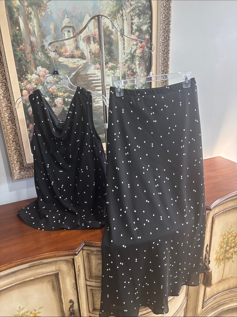 Black Polka Dot Midi Skirt with Cowl Neck Top